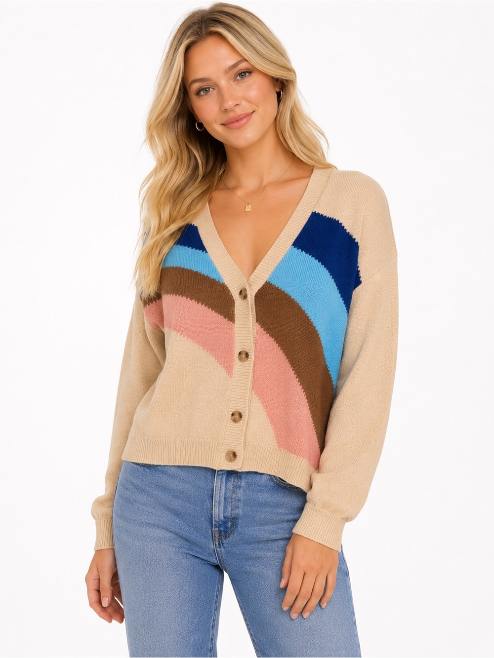 Miss Sparkling Size XL Beige Rainbow-Stripe V-Neck Button Cardigan Sweater